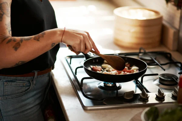 Fried Onion Tomato Can You Smell Already Woman Preparing Meal —  Fotos de Stock