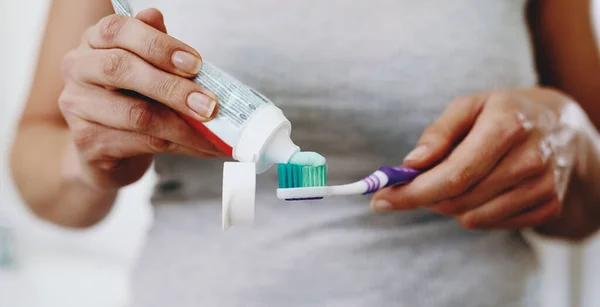 Protect Your Smile All Costs Unrecognizable Woman Squeezing Toothpaste Her — Stock Photo, Image