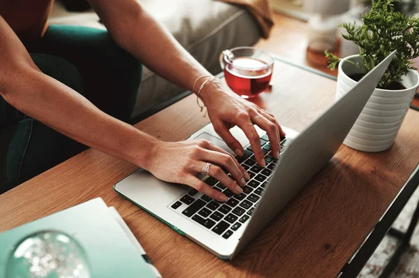 Have Start Motivational Letter Unrecognizable Woman Using Her Laptop Home — Foto de Stock