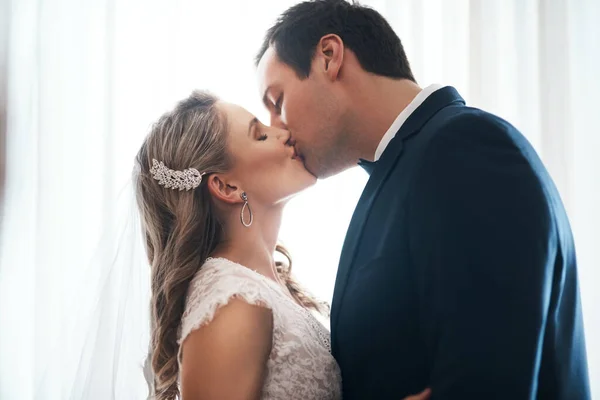 Sealed Kiss Affectionate Young Couple Standing Indoors Together Kissing Wedding — Photo