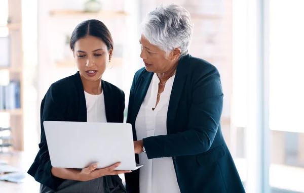 Takes Dedication Get Far Have Two Businesswomen Working Together Laptop — Stockfoto