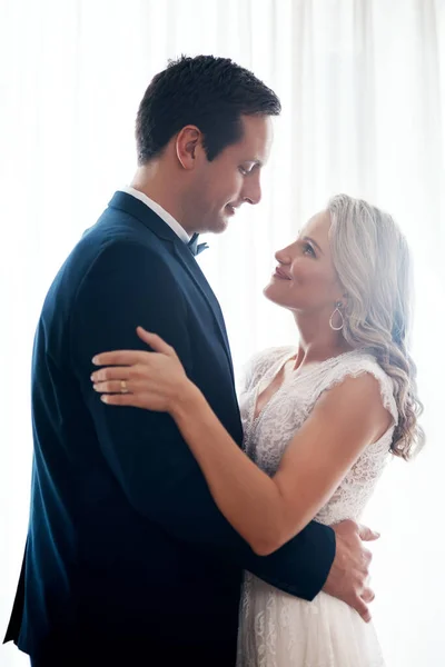Heres New Beginnings Happy Young Couple Standing Indoors Holding Each — Stock fotografie
