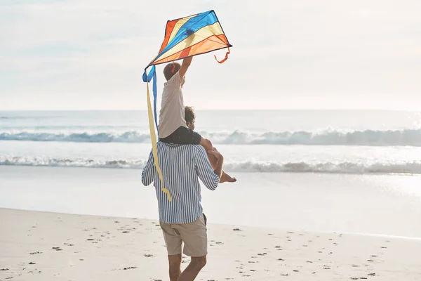 Kite Needs Take Rearview Shot Young Boy Being Carried His — Stock Fotó