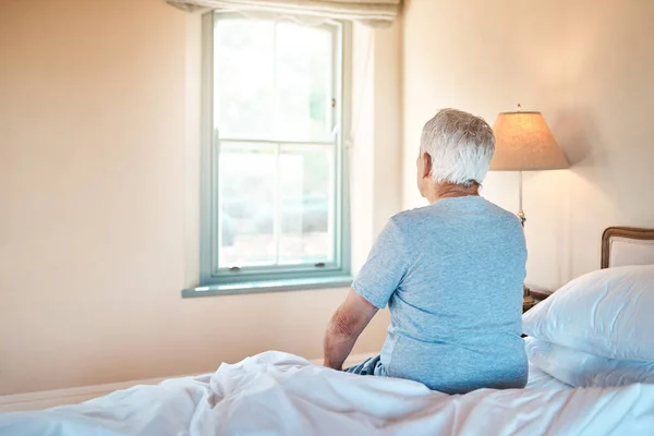 Life Retirement Home Unrecognizable Senior Man Sitting Alone Edge His — Zdjęcie stockowe