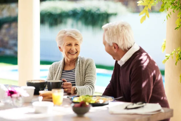 Happiness Written All Her Face Affectionate Senior Couple Enjoying Meal — Stockfoto