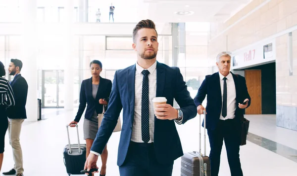 Bring Next Big Work Adventure Three Businesspeople Walking Pulling Suitcases — ストック写真