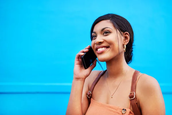 Always Meet Attractive Young Woman Making Phone Call Blue Background — Foto Stock