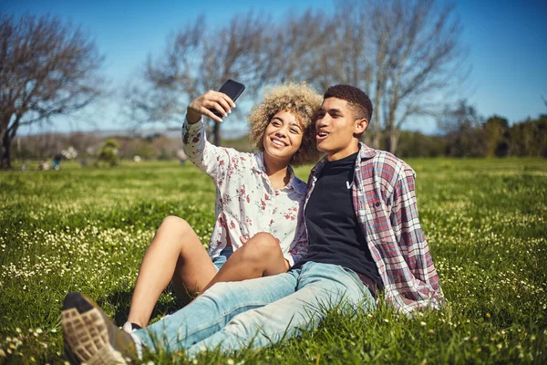 Selfie Favorite Person Young Couple Taking Selfie While Spending Day — Foto Stock