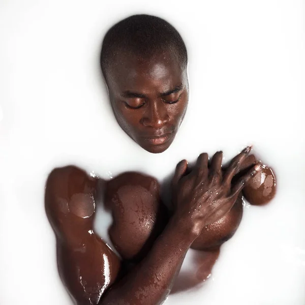 Real Men Take Milk Baths Muscular Young Man Having Milky — Photo