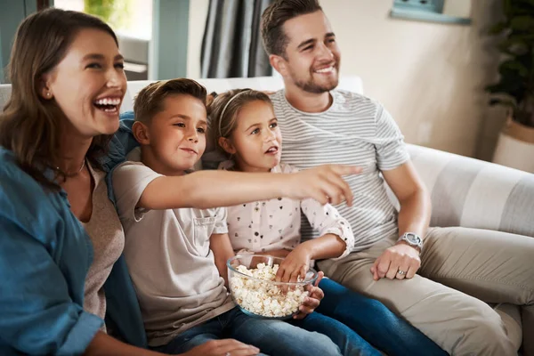 Family Time Anything Else Happy Young Family Relaxing Sofa Watching — Foto Stock