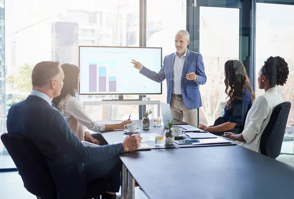 Sales Manager Gives Presentation Marketing Brand Strategy Boardroom Meeting Successful — Stockfoto
