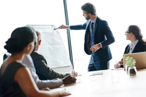 Business Man Giving Presentation Brainstorming Planning Meeting His Colleagues Boardroom — Foto de Stock