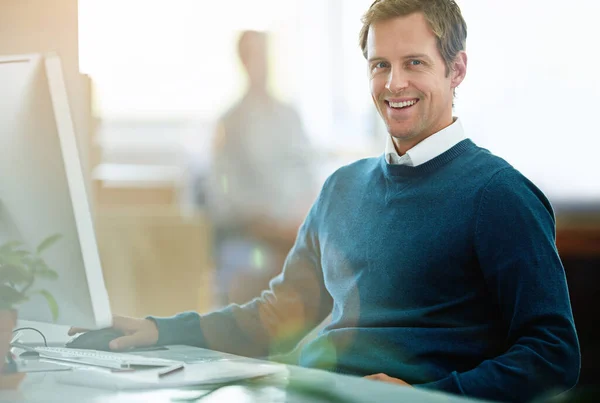 Portrait Happy Excited Smiling Businessman Working Computer Work Cheerful Executive — Foto de Stock