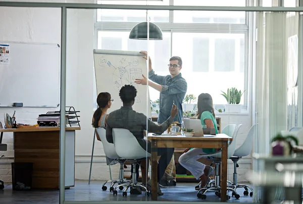 Leader Planning Strategy Whiteboard Talking Brainstorming Ideas Market Startup Office — Stock fotografie