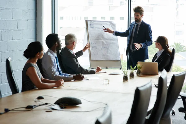 Confident Businessman Leading Presentation Whiteboard Diverse Colleagues Office Boardroom Meeting — Stockfoto
