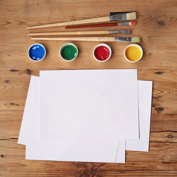 Art Painting Creative Supplies Wooden Desk Paper Paintbrushes Colors Still — Fotografia de Stock
