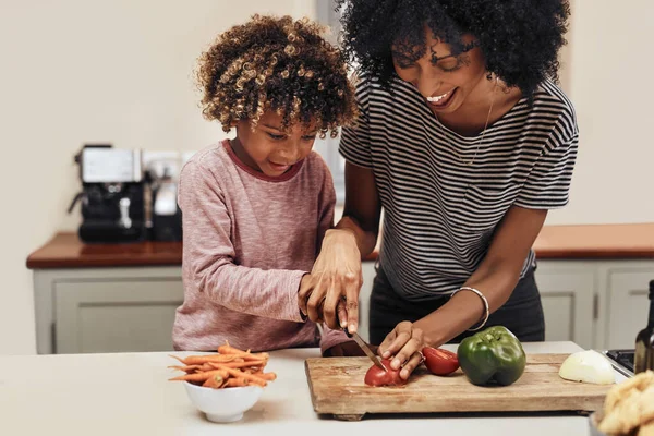 Youre doing so well. a young boy cutting vegetables with the assistance of his mother