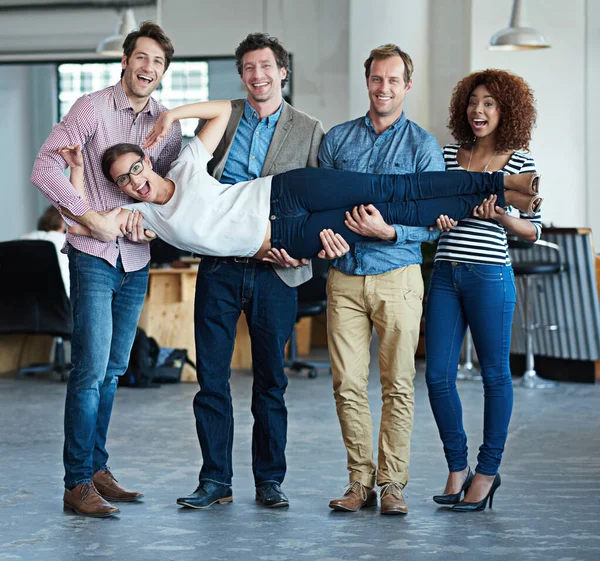 Colleagues Having Fun Playing Feeling Playful While Carrying Fun Coworker — Stock Fotó
