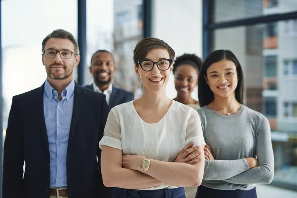 Proud Confident Diverse Team Lawyers Standing Office Law Firm Portrait — Stok fotoğraf