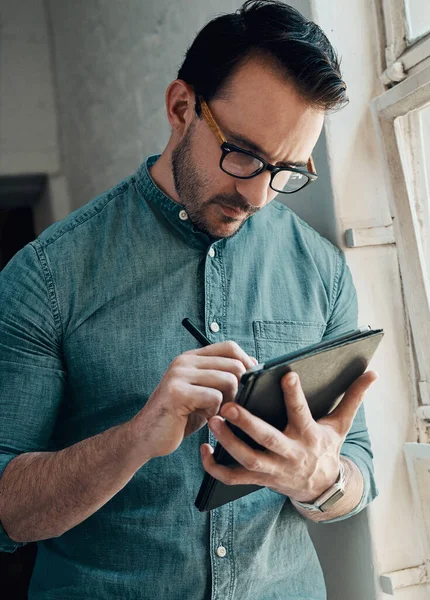 Work Easier His Gadget Hand Handsome Young Businessman Using Digital — Foto de Stock
