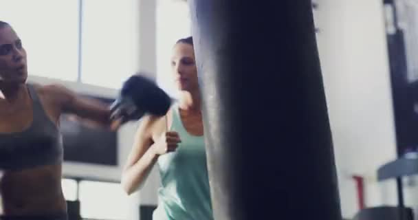 Γυναίκα Πυγμάχος Αθλητής Άσκηση Σάκο Διάτρησης Προπονητής Βλέποντας Στο Γυμναστήριο — Αρχείο Βίντεο