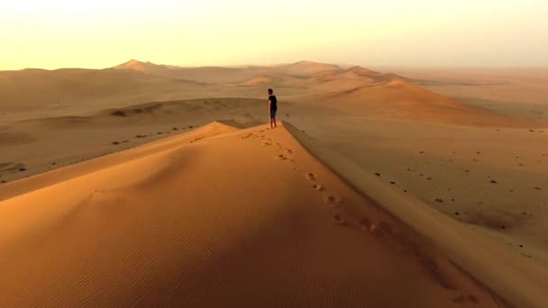 Desert Hiker Cheering Celebrating Success Arms Raised Climbing Hiking Walking — Stock videók