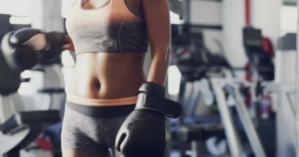 Fitness Boxing Gloves Sporty Woman Warming Getting Ready Workout Gym — ストック動画