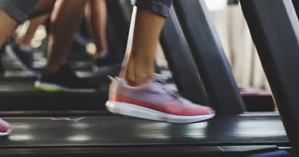 Взуття Активної Пристосованої Групи Спортсменів Біжать Біговій Доріжці Спортзалі Або — стокове відео