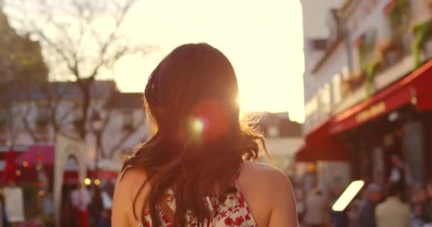 Rear View Female Tourist Walking Street Markets Paris France Europe — Video Stock