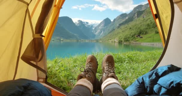 Pov Hiker Tourist Camping Field Nature View Landscape Beautiful Sunny — Vídeo de Stock