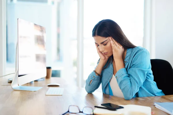 Stress One Main Triggers Tension Headaches Young Businesswoman Looking Stressed — Stock Fotó