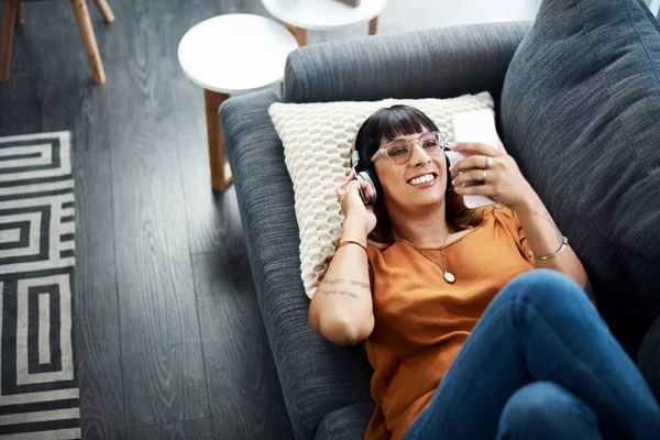 Favorite Playlist Young Woman Wearing Headphones While Relaxing Home — Fotografia de Stock