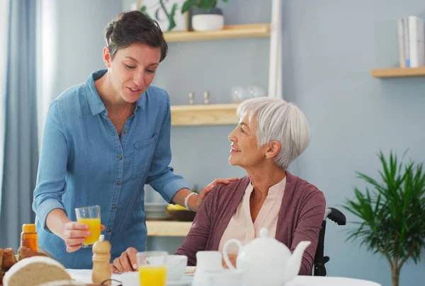 Orange Juice Best You Happy Senior Woman Sitting Having Breakfast — Stockfoto