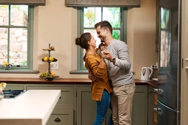 Theres Happiness Every Move Affectionate Young Couple Dancing Together Kitchen — Stockfoto