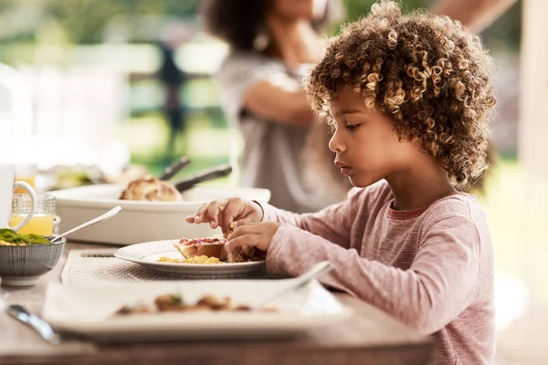 Hes Always Ready Eat Young Boy Eating His Food — Stockfoto