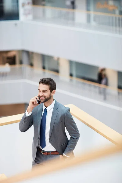 Hope Youre Calling Some Good News Young Businessman Talking Cellphone — Stockfoto
