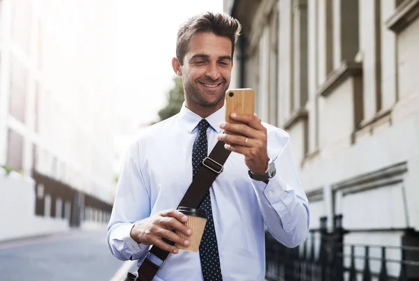 Getting Business While Staying Move Handsome Young Businessman Texting His — Stockfoto