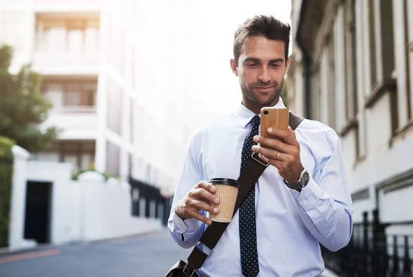 Talking Phone Early Morning Handsome Young Businessman Texting His Cellphone — Stockfoto