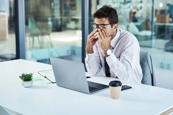 Work Stress Getting Him Businessman Looking Stressed While Sitting His — Foto Stock