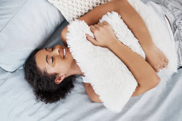 Love Comfort Attractive Young Woman Hugging Pillow While Lying Her — Fotografie, imagine de stoc