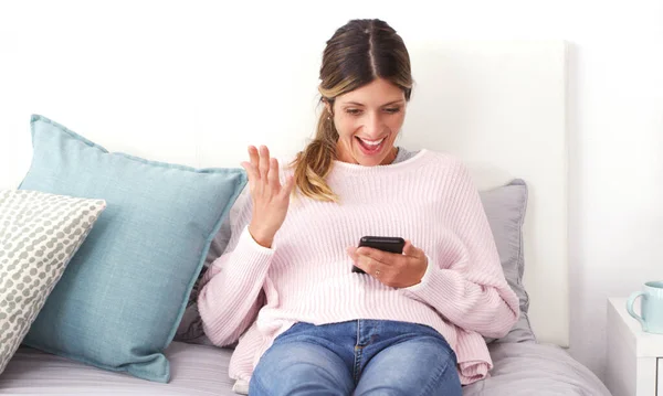 Really Easy Attractive Woman Using Her Cellphone While Relaxing Home — Stock Photo, Image