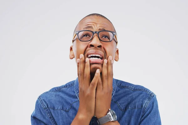 Why Studio Shot Young Man Crying While Standing Gray Background — Fotografia de Stock