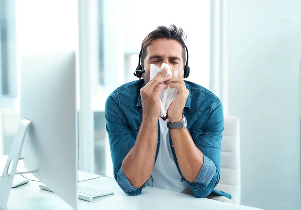 Hope One Else Catches Flu Having Male Call Centre Agent — Stock Photo, Image
