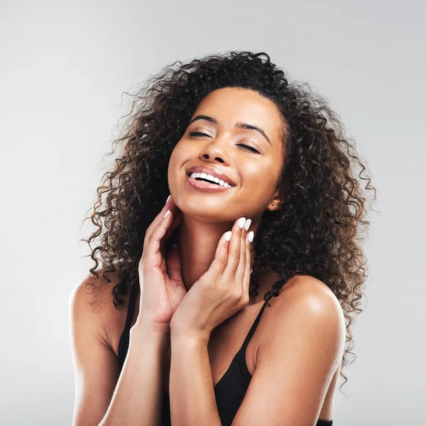 Happiness Habit Your Skincare Studio Shot Beautiful Young Woman Touching — Foto Stock