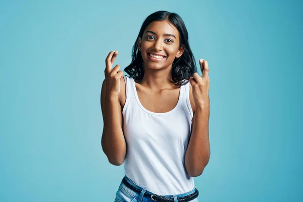 Heres Hoping Studio Portrait Beautiful Young Woman Crossing Her Fingers — 스톡 사진