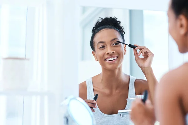 Mascara Best Friend Beautiful Young Woman Applying Mascara Her Bathroom — Stok fotoğraf