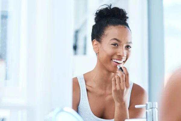 Lips Ready Spread Some Positivity Young Woman Applying Lipstick Her — Stok fotoğraf