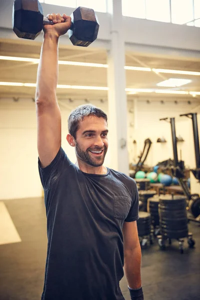 Fun Handsome Young Man Working Out Dumbbell Gym — Foto Stock