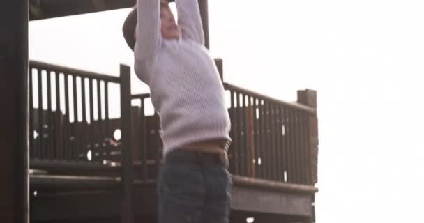 Fun Carefree Active Little Boy Playing Monkey Bars Outdoors Playground — Video Stock