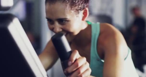 Focused Fit Active Woman Sweating Gym While Cycling Exercise Bike — Stockvideo